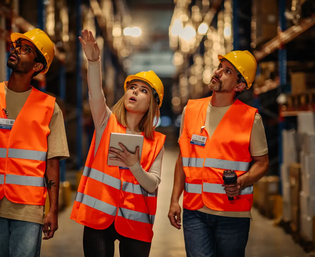 Warehouse team members walking together